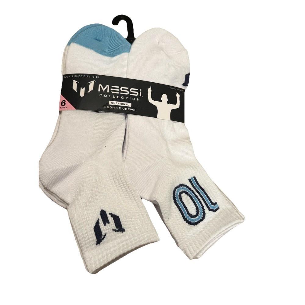 Messi Collection Cushioned Crew‎ Socks 6 Pairs All White Men's Size 6-12 New
